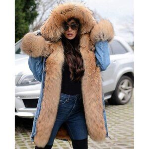 🆕 Hooded Fur Lined Warm Coat Jean Parka Outwear Winter Long Trench Jacket NWT